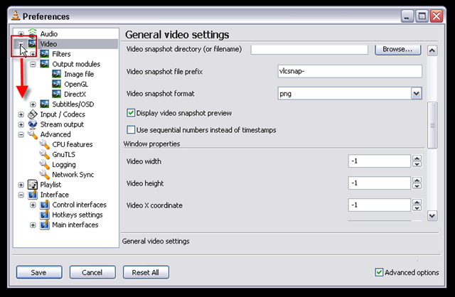 04_click on the plus next to video in the preferences sel to open the config tree for video