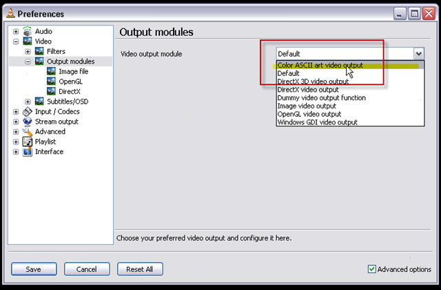 06_change default video output module to Color ASCII Art Video output