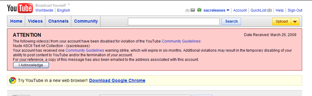 YouTube_CommunityGuidelinesViolation_ASCIINudesVideo_20090326_ScrShot-Notification